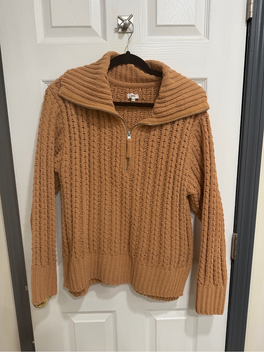 aerie womens Zip-Front Cable Knit Sweater in Camel
